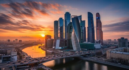 Aerial view of moscow international business center skyscrapers at sunset with river and traffic on bridge