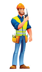 Bearded male engineer with a hardhat, vest, and tool belt talking on a two-way radio or walkie-talkie. Vector cartoon character illustration