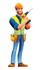 Bearded male engineer wearing a tool belt, hardhat, and vest, holding a cordless drill. Vector cartoon character illustration