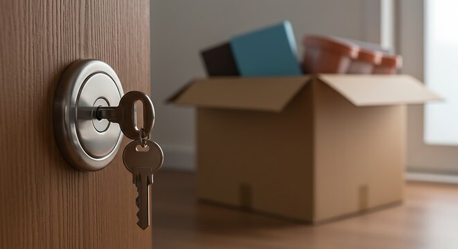 Moving house, relocation. The key was inserted into the door of the new house, inside the room was a cardboard box containing personal belongings and furniture. move in the apartment or condominium