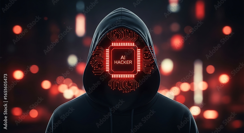 Aufkleber ai hacker in hoodie with circuit face glow