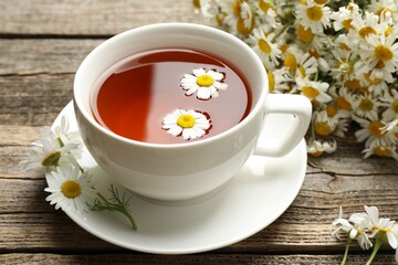 Aromatic tea in cup and chamomile flowers on wooden table, closeup