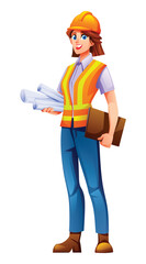 Female engineer with a hardhat and vest, carrying a clipboard and several rolled-up blueprints or plans. Vector cartoon character illustration