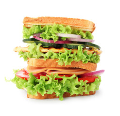 Yummy sandwich with ham, chicken breast and vegetables isolated on white