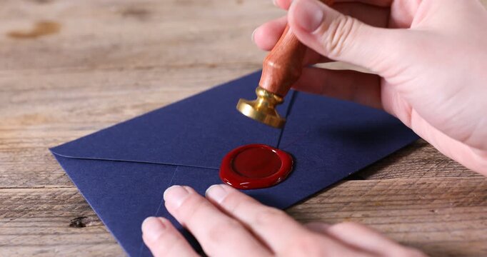Woman stamping envelope with wax at wooden table, closeup