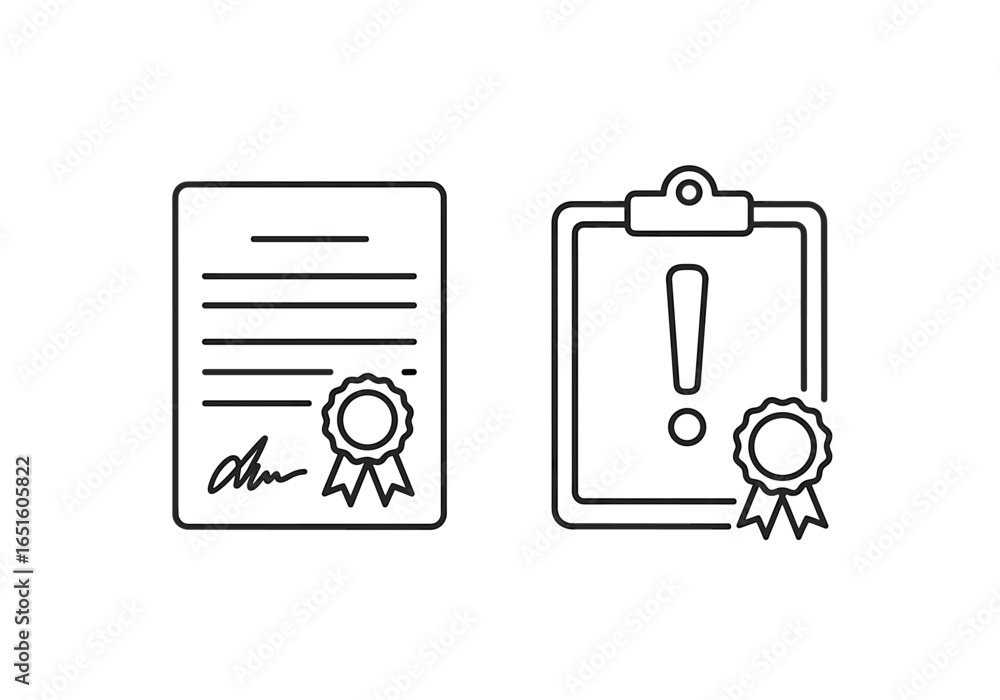 Poster line art: document with signature, seal and clipboard with exclamation mark showing attention