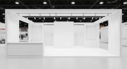 A clean, white exhibition stand with a counter and blank panels stands ready in a blurred convention hall.