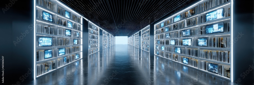 Aufkleber modern library corridor with high-tech displays and sleek design elements in a futuristic setting du