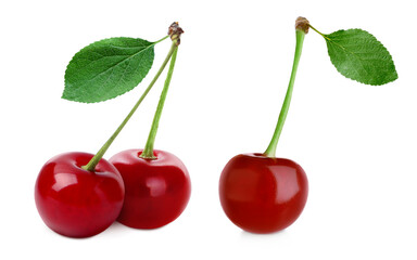 Red juicy cherries isolated on white. Summer fruit