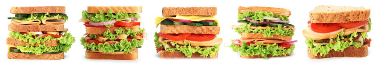 Many tasty sandwiches isolated on white, set
