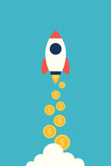 A rocket ship launching upwards against a blue background, with gold coins symbolizing money propelling it forward. This represents financial growth, investment success, and the potential for signific