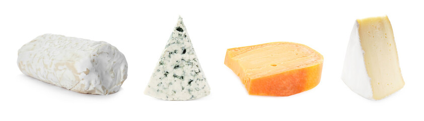 Variety of cheeses isolated on white, set
