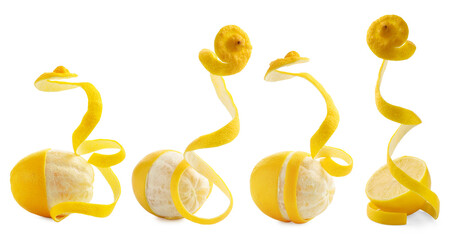 Fresh lemons with peels isolated on white, set. Citrus fruit