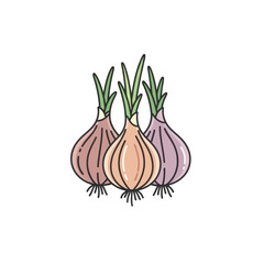 A simple line art illustration of three colorful whole onions with green sprouts and roots.