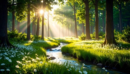 Sunlit Forest Stream with Spring Flowers.
