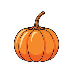 A single, vibrant orange pumpkin with a curved stem, depicted against white background.