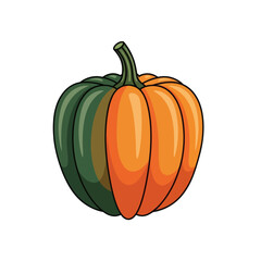A vibrant illustration of a halved acorn squash, showcasing its colorful, textured exterior.