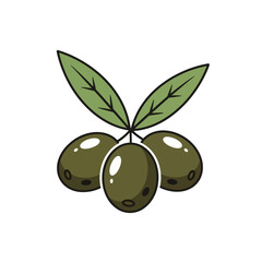 Illustration of three green olives hanging from a stem with three green leaves, isolated on a white background.