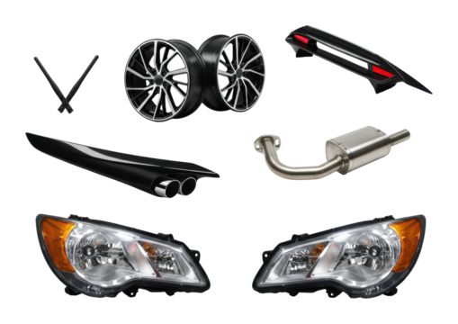 Car accessories showcase high-performance parts for vehicle customization automotive workshop product studio setting isolated on transparent background