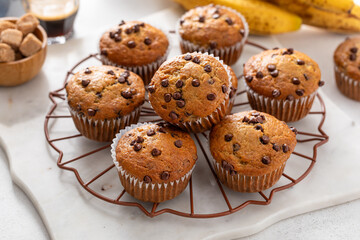 Banana muffins with chocolate chips for breakfast