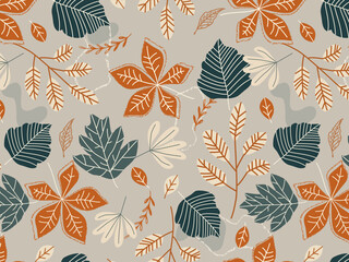Seamless pattern with autumn foliage in hand drawn style, vector illustration, light beige background with orange and teal leaves, great for textile, wallpaper, wrapping paper, branding