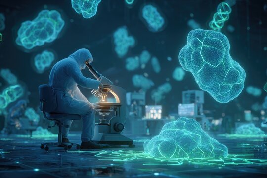 Scientist observing microscopic structures in a futuristic lab