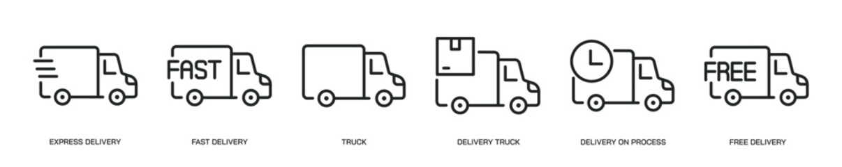 Delivery truck thin line icon set. Web minimal editable stroke icons
