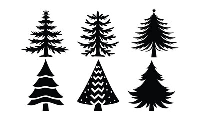 Fototapeta premium Six distinct black silhouettes of festive evergreen trees evoking winter holidays and natural beauty for seasonal designs