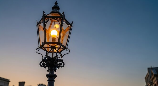 Ornate victorian gas lamp illuminates evening sky - Powered by Adobe