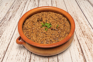 Seafood paella with peeled shrimp, clams, and mussels, where saffron gives the rice a golden yellow color