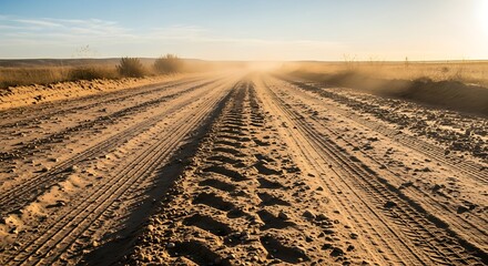 Dusty tractor tracks lead towards a bright horizon