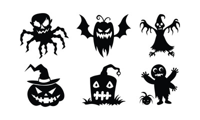 Spooky Halloween icons set featuring monsters, ghosts, pumpkins, and spiders perfect for festive decorations and party invitations