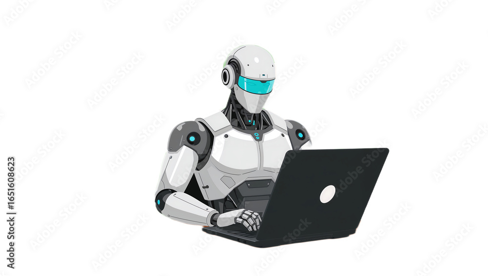 Poster a humanoid robot diligently works on a laptop computer, showcasing advanced artificial intelligence.