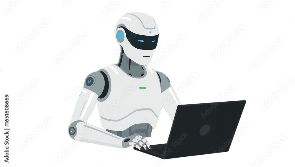 Poster a futuristic robot is shown working on a laptop computer, focused on the task.