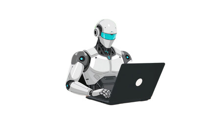 A humanoid robot diligently works on a laptop computer, showcasing advanced artificial intelligence.