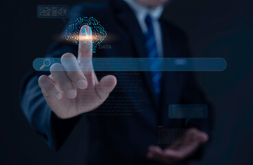 Businessman touching virtual AI interface with digital brain icon and search bar futuristic technology innovation data analysis artificial intelligence concept