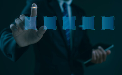 Businessman touching virtual AI interface with digital brain icon and search bar futuristic...