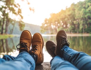 Relaxed couple's feet in boots resting on a lakeside dock, enjoying a peaceful moment.