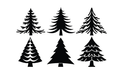 Six distinct black silhouette Christmas trees, festive winter forest icons, perfect for holiday design elements