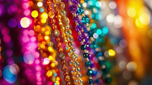 A vibrant sehra featuring colorful beads and sequins in a display