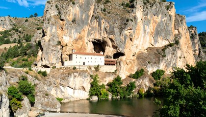 Fototapeta premium A monastery nestled within a cliff face overlooking a calm river.