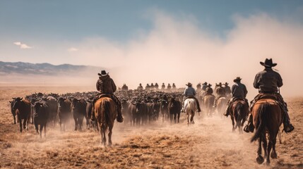 An Impressive Cattle Drive Kicking Up Dust On A Flat Plain