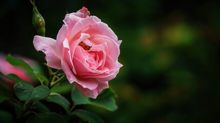 Lush Bank's Rose with soft pink and creamy white petals, full blooming blooms, and thorny green stems, growing in a sunny garden bed surrounded by fresh green foliage, exuding romantic and delicate na