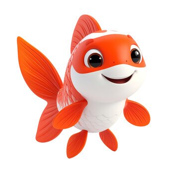 A cheerful cartoon fish with bright orange scales and a white underbelly is depicted isolated on a transparent background.