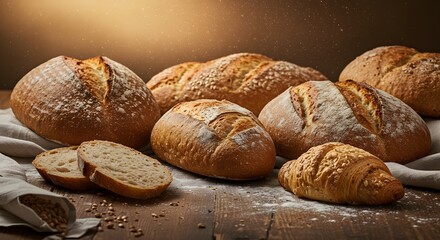 Selection of freshly baked bread loaves and a croissant arranged on a rustic wooden surface top view