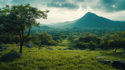 Fototapeta premium A serene landscape of Arunachala surrounded by lush greenery