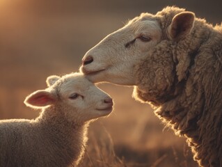 Obraz premium In A Sunlit Field A Mother Sheep And Her Lamb Share A Nuzzle