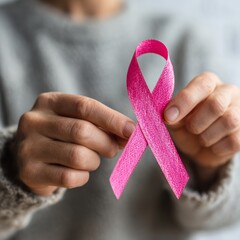 woman holding pink ribbon breast cancer awareness. concept healthcare.