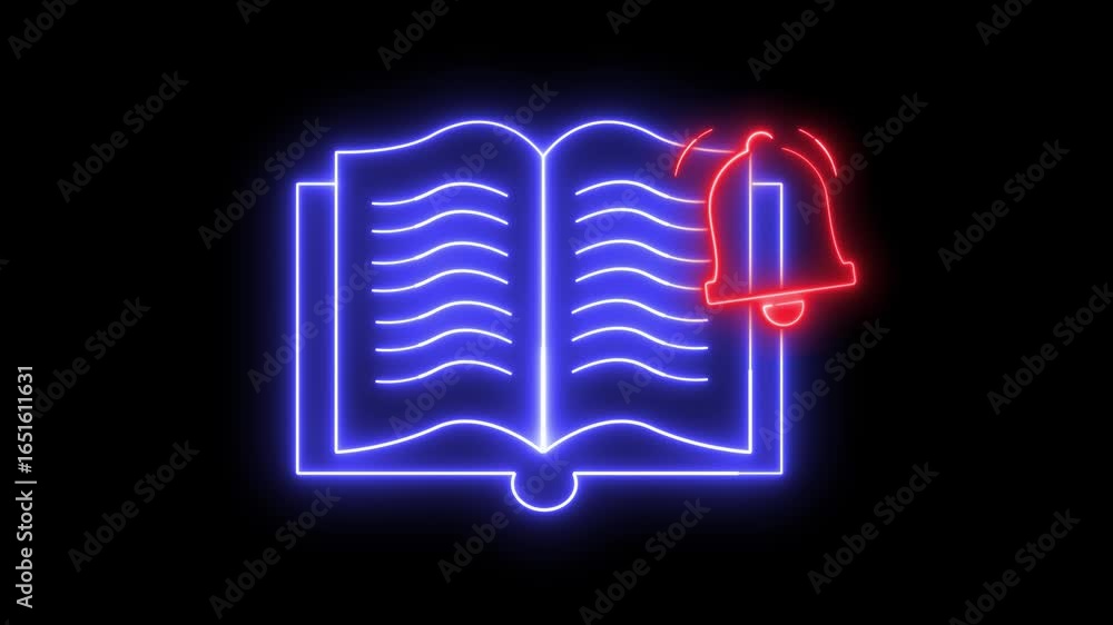 Poster neon light effect animation of an open book icon and a notification bell