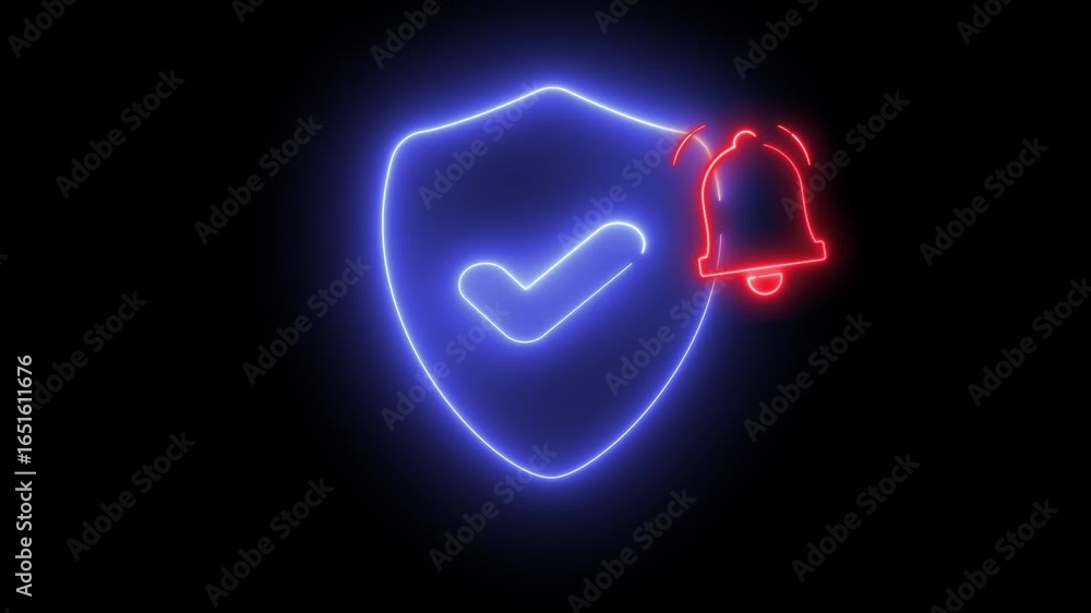 Poster neon light effect animation of a shield icon with a check mark and a notification bell